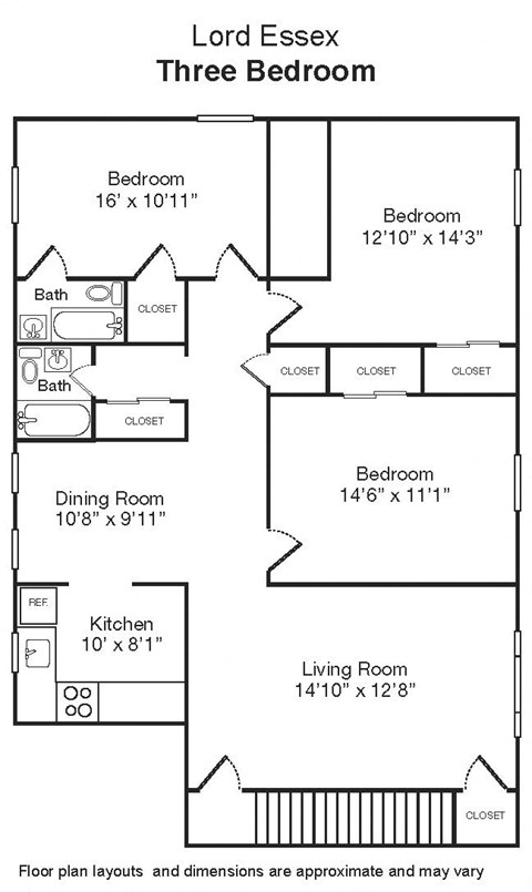 Floor plan for 3 beds, 2 baths